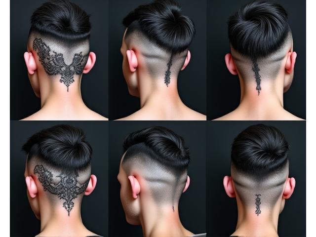 A diverse collage of various intricate hair tattoo designs on different men's heads, showcasing geometric, tribal, and abstract patterns. The designs are sharp and clean against dark hair.