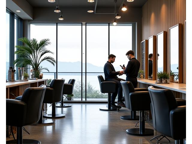 BarberCraft Vancouver barbershop with large windows overlooking a vibrant street, clean and modern aesthetic.